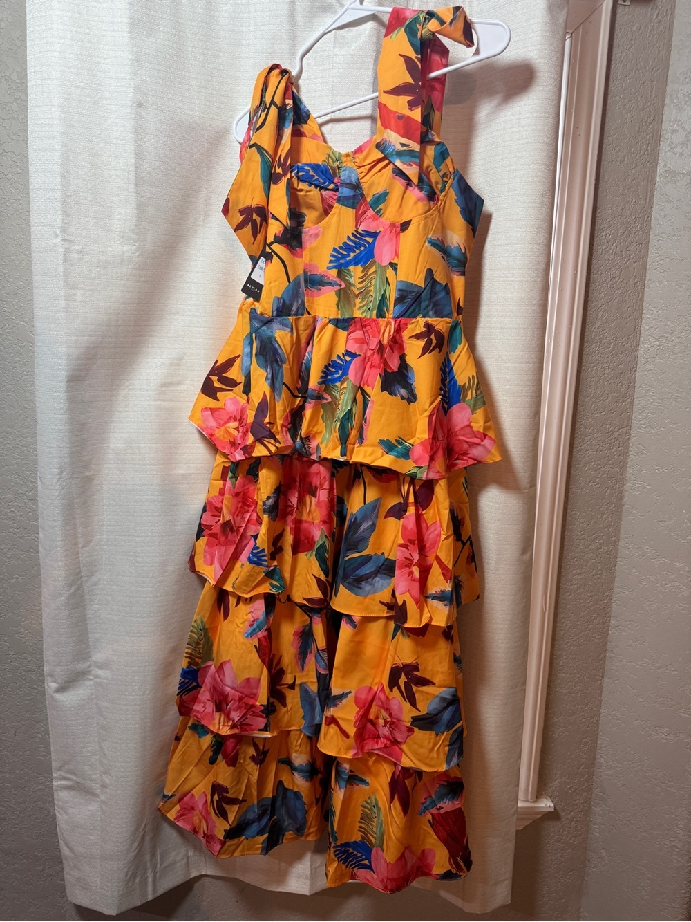 Beulah Yellow Tropical Tiered Ruffle Dress with Pink & Blue Floral Accents